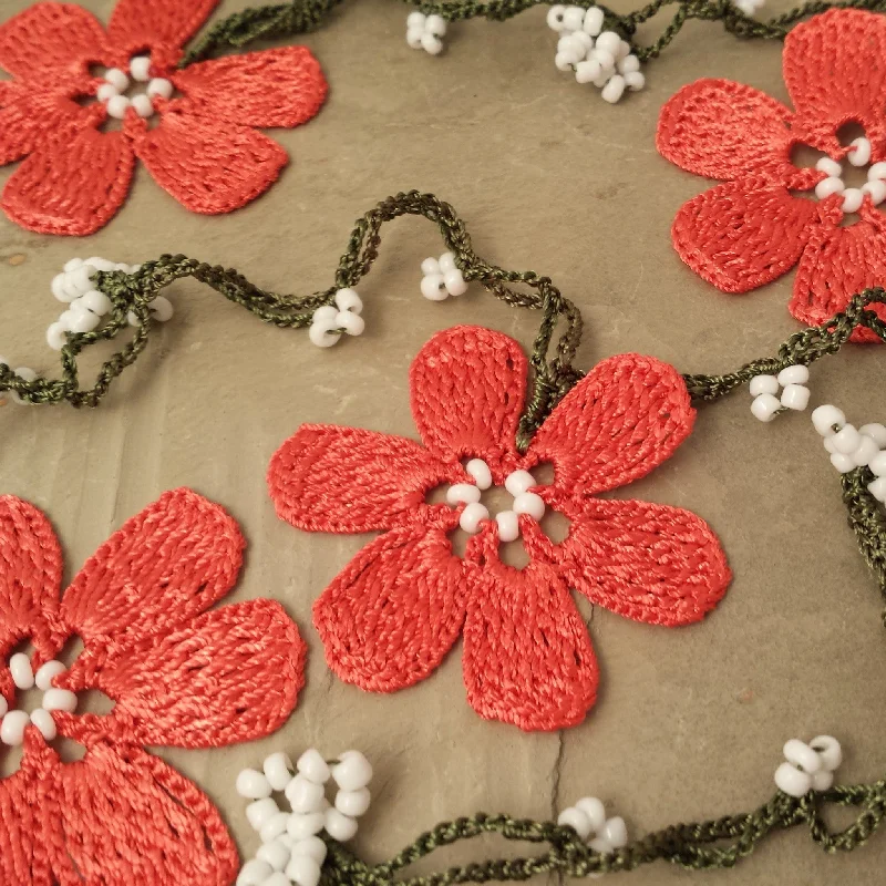 women's necklaces with floral pattern -Coral Crocheted Lariat Necklace