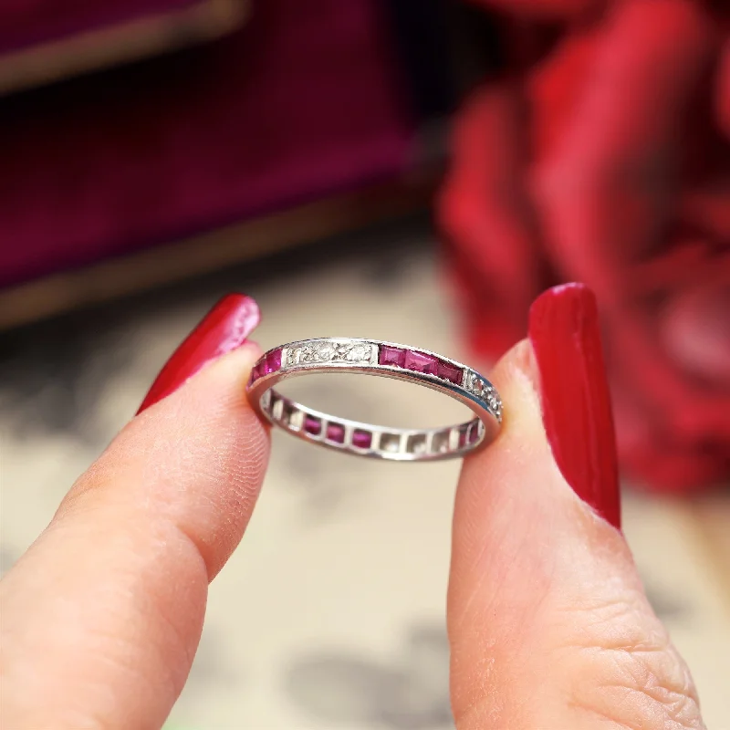 women's engagement rings with platinum setting -A Vintage Art Deco Ruby & Diamond Eternity Ring