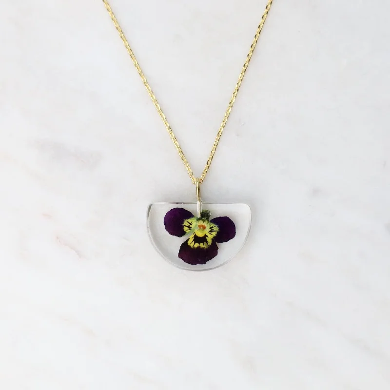 women's necklaces with dainty chain -Botanical Small Half Moon Purple Viola Flower Necklace