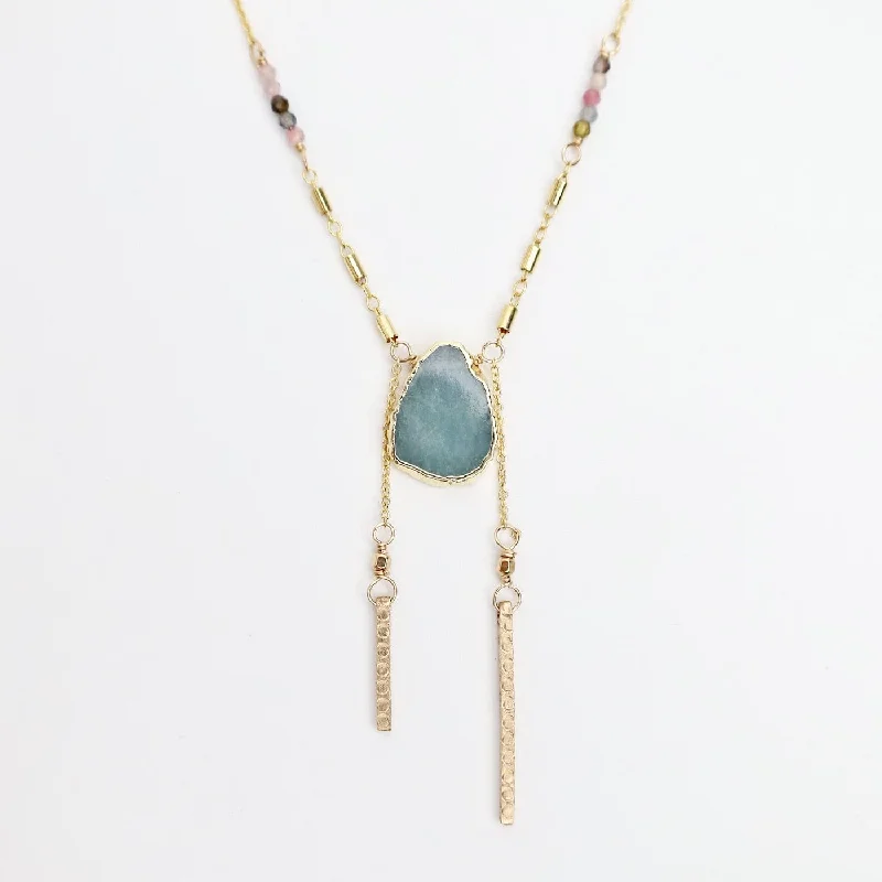 women's necklaces with gemstone halo -Aquamarine Slice Necklace with Tourmaline & Bar Charms