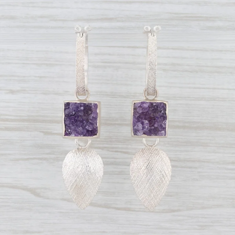 women's earrings with sparkling diamonds -New Nina Nguyen Hoop Earrings Sterling Silver Amethyst Druzy Charms