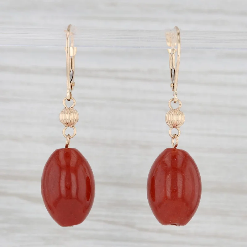 women's earrings with moonstone accents -Red Jadeite Jade Dangle Earrings 14k Yellow Gold Bead Drops