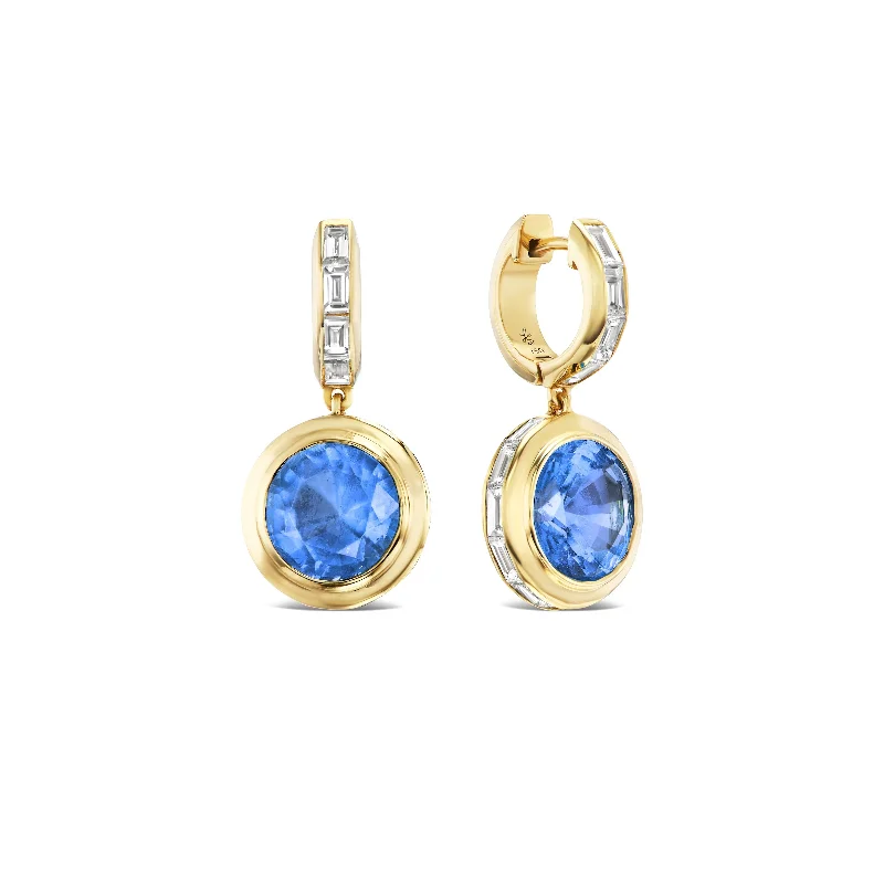 women's earrings with matching bracelet -SHIELD BEZEL SET SAPPHIRE DROP EARRINGS WITH HALO