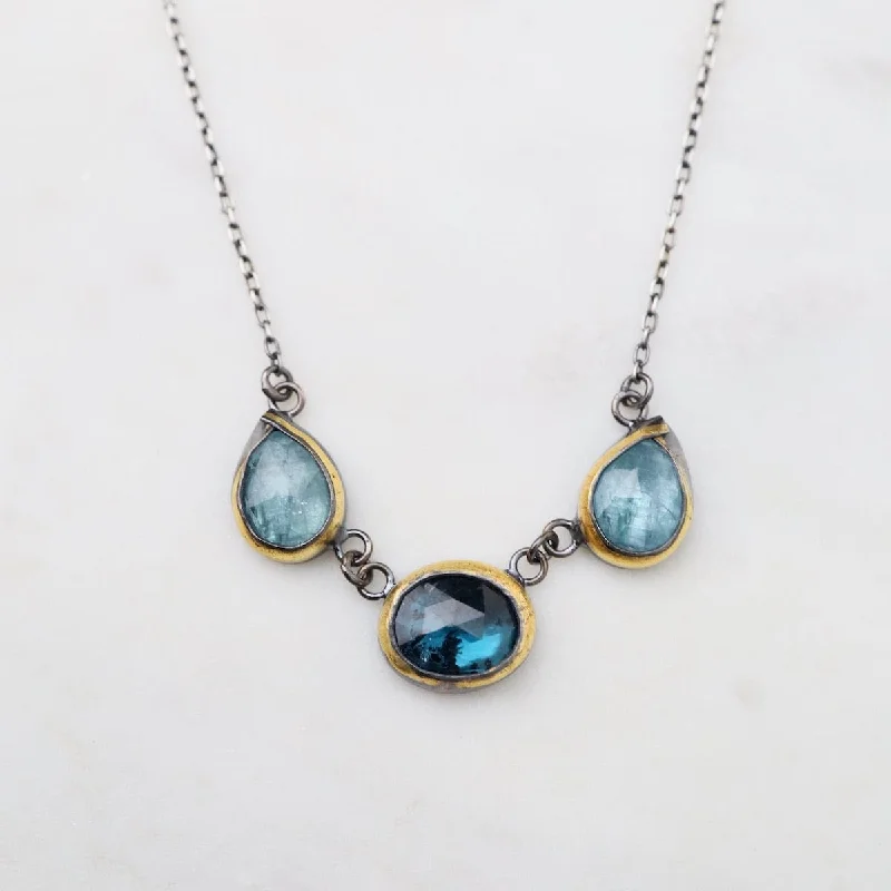 women's necklaces with pendant and chain -3 Crescent Rim Necklace with Teal Kyanite & Aquamarine