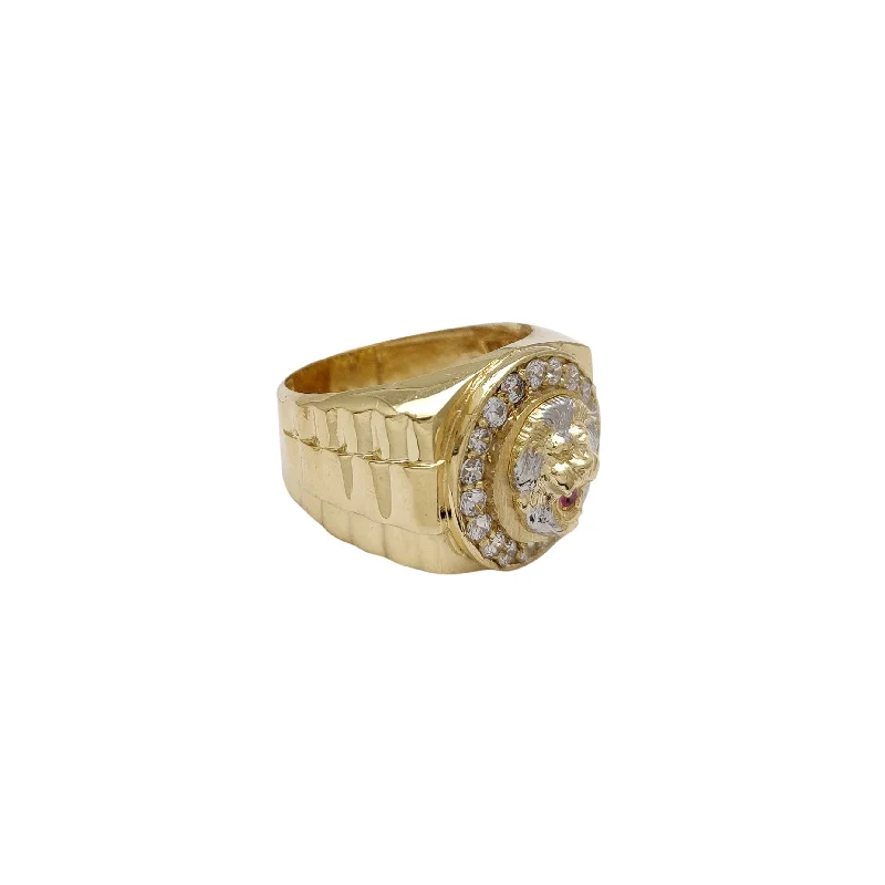 women's rings with sparkling diamond -Presidential Motif Band Accent CZ Lion Ring (10K)