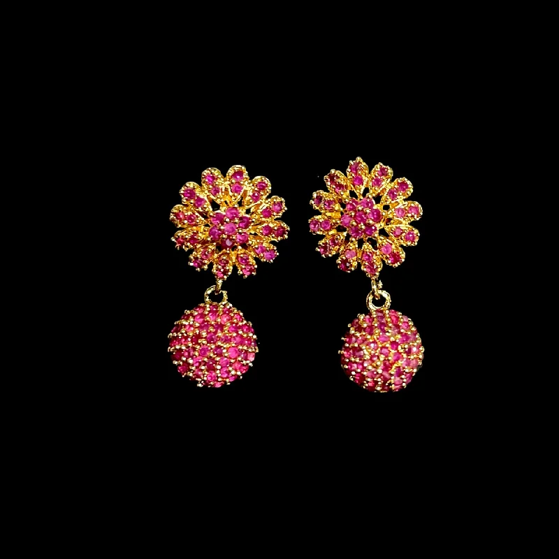 women's earrings with hoop design -Floral AD Zircon Ball Earrings in Ruby Red, Green & White