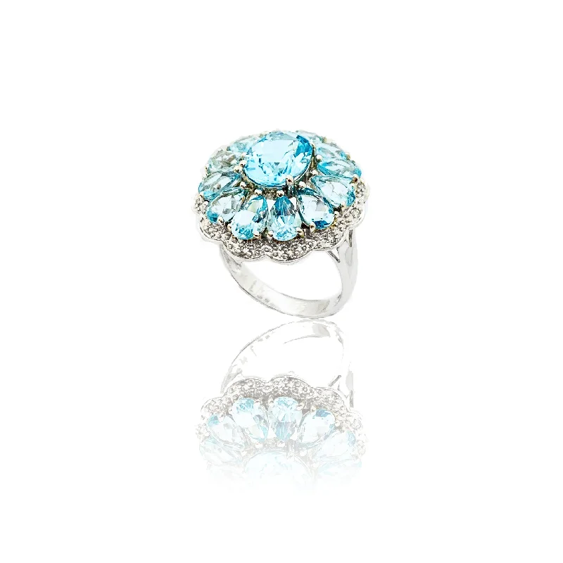 women's rings with engraved details -Aquamarine Blossom Cocktail Ring (14K)