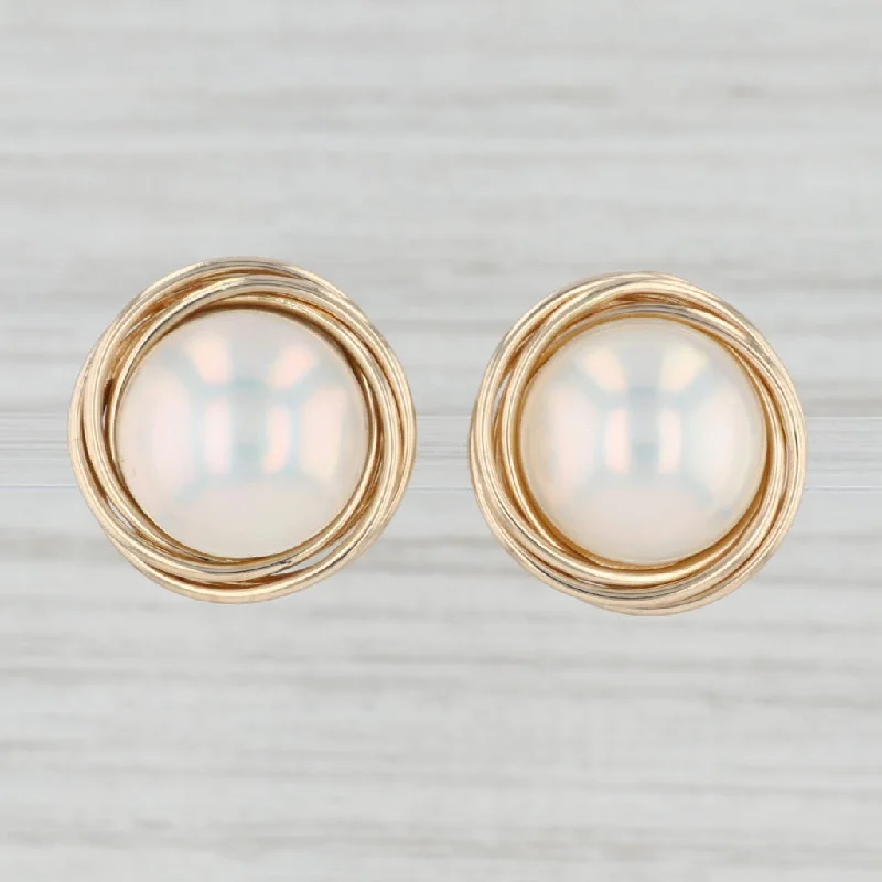 women's earrings with multi-layered design -Mabe Pearl Stud Earrings 14k Yellow Gold Clip On Non Pierced Round Cabochons