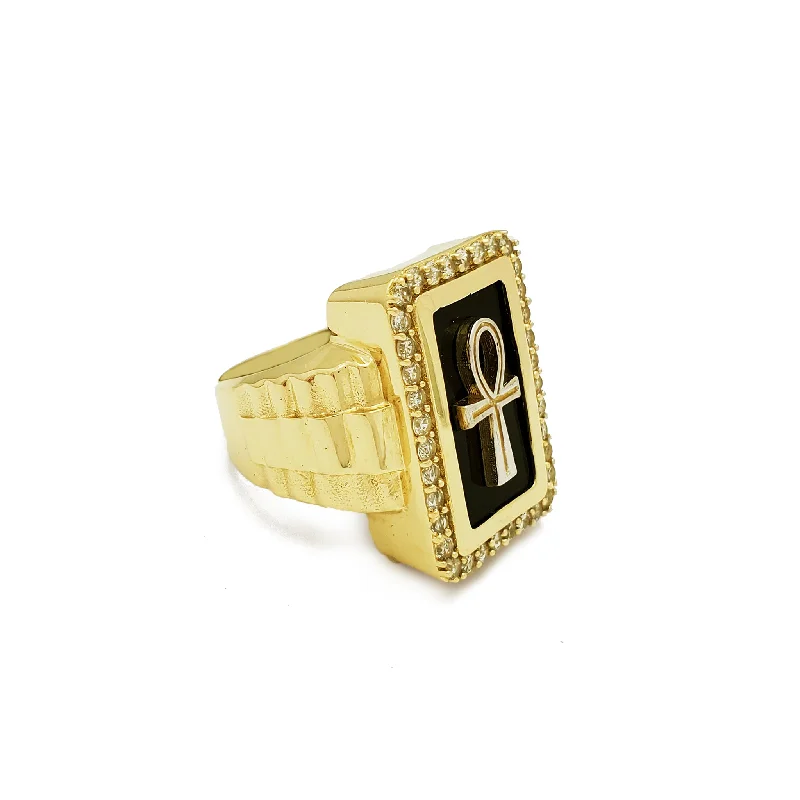 women's rings with heart shape -Rectangle Halo Ankh Presidential Ring (14K)