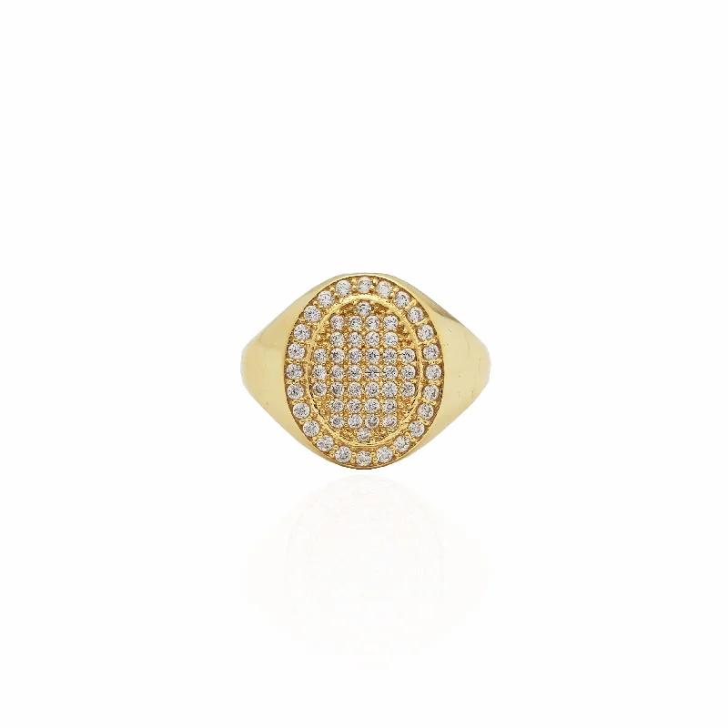 women's rings with modern design -Iced-Out Oval Signet Ring (14K)