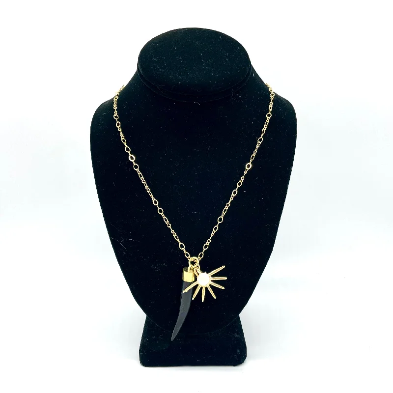 women's necklaces with delicate diamond -Handcrafted Goldtone Necklace with Long Black Pendant