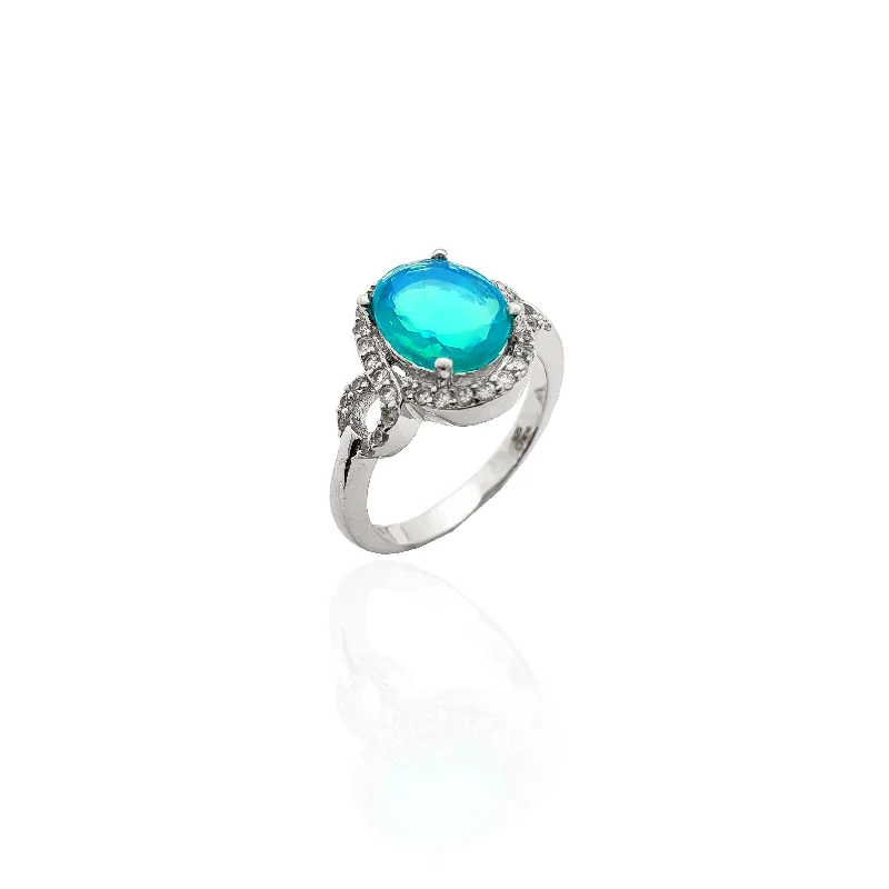 women's rings with bespoke design -Oval Aquamarine Halo CZ Ring (Silver).