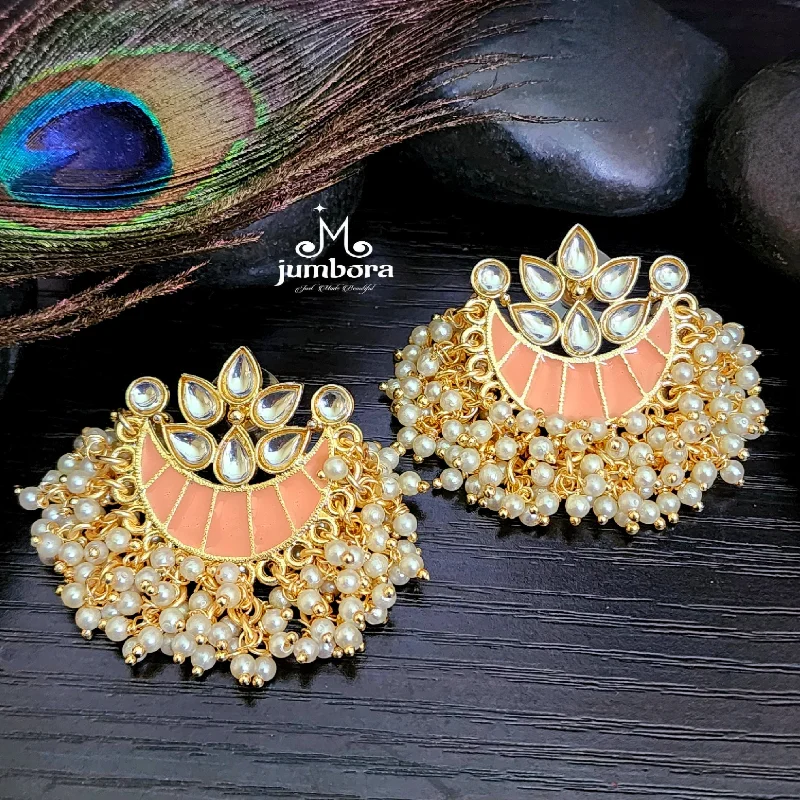 women's earrings with sleek finish -Peach Handpainted Meenakari Kundan Earrings with Pearls