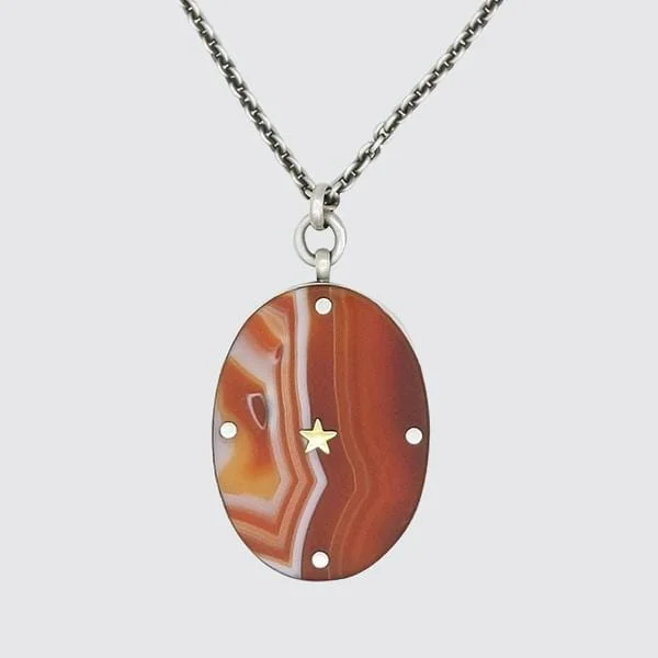 women's necklaces with geometric pendant -Large Oval Banded Carnelian Pendant Necklace with Gold Star