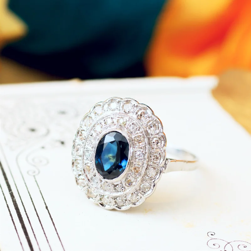 women's engagement rings with low setting -Drama Queen! Vintage Sapphire & Diamond Cluster Cocktail Ring