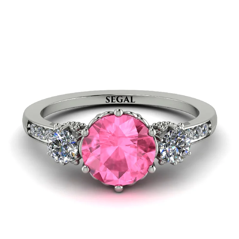 women's engagement rings with sapphire -Vintage 3 Stones Pink Moissanite Ring With Micro Pave - Luna No. 803