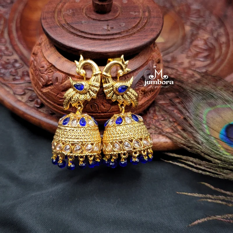 women's earrings with stone accents -Blue Peacock LCD Champagne AD stones Jhumka Earrings