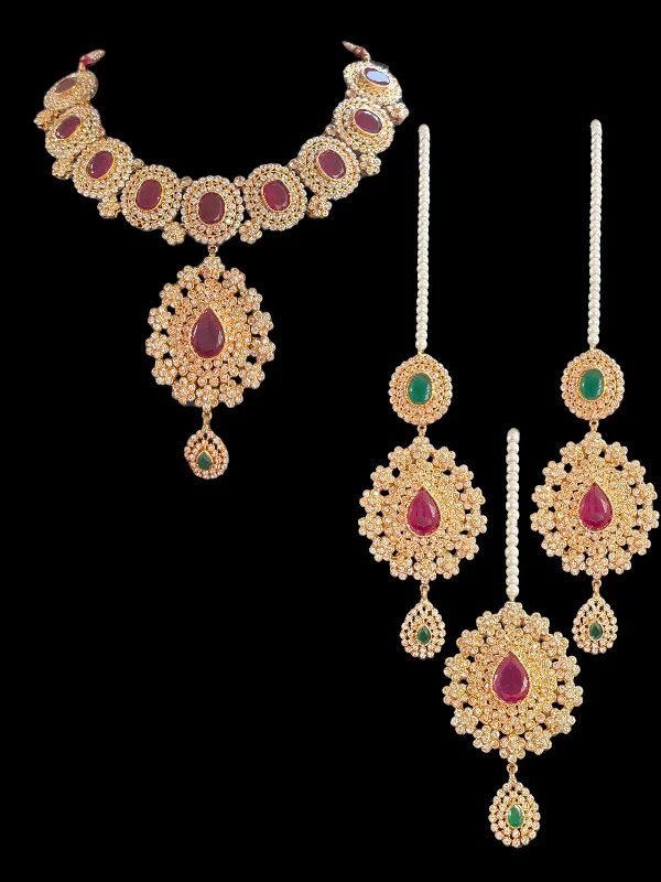 women's necklaces with layered design -BR303 Ruby emerald with zircon combination gold plated necklace set ( READY TO SHIP )