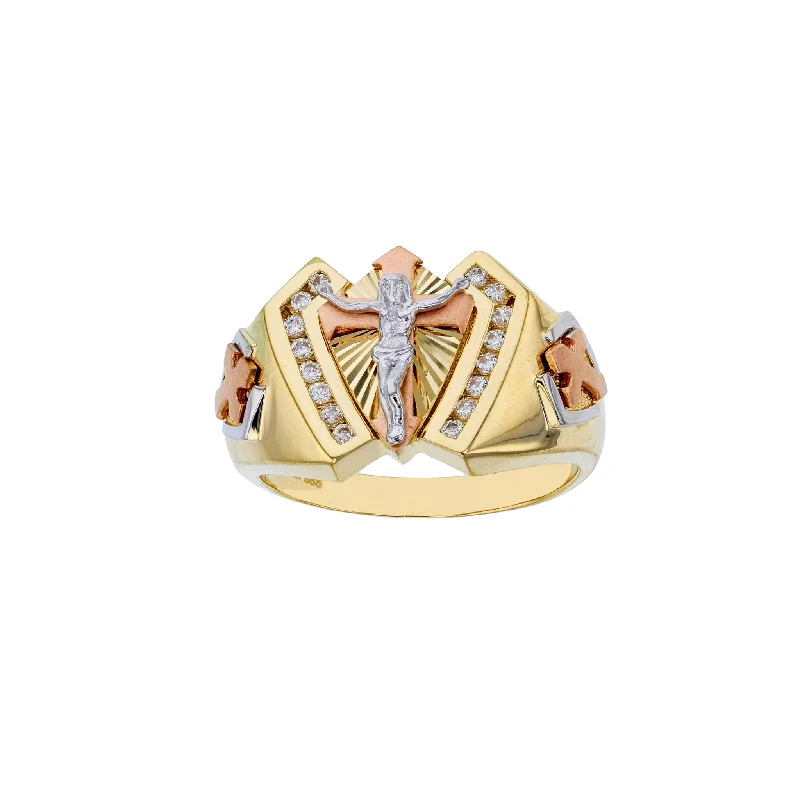 women's rings with oval-cut gemstone -Tri-color Textured Channel Jesus Crucified Ring (14K)