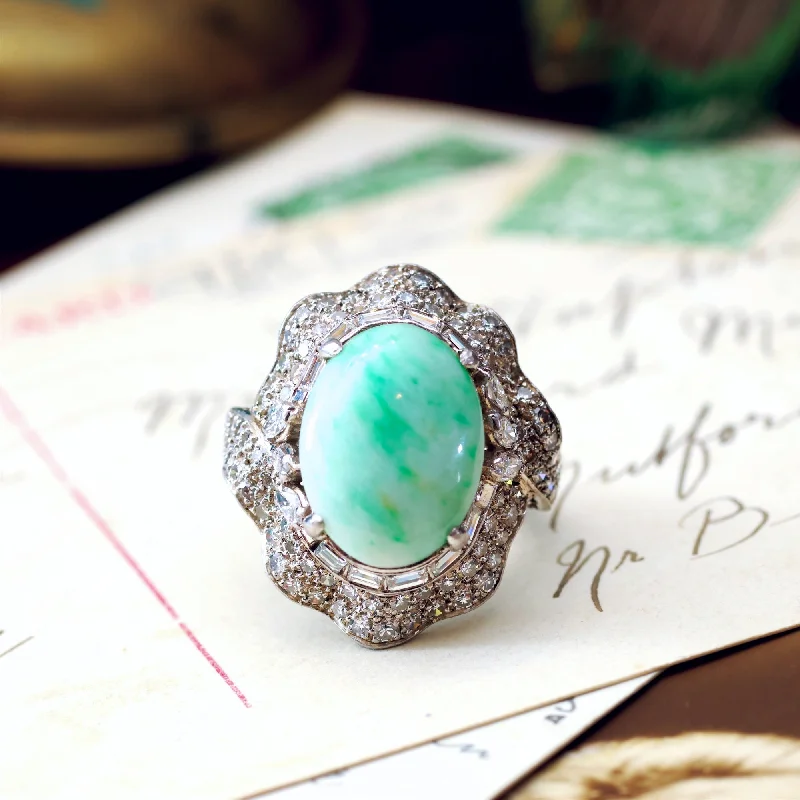 women's engagement rings with high setting -Vintage 1960's Moss in Snow Jadeite & Diamond Ballerina Ring