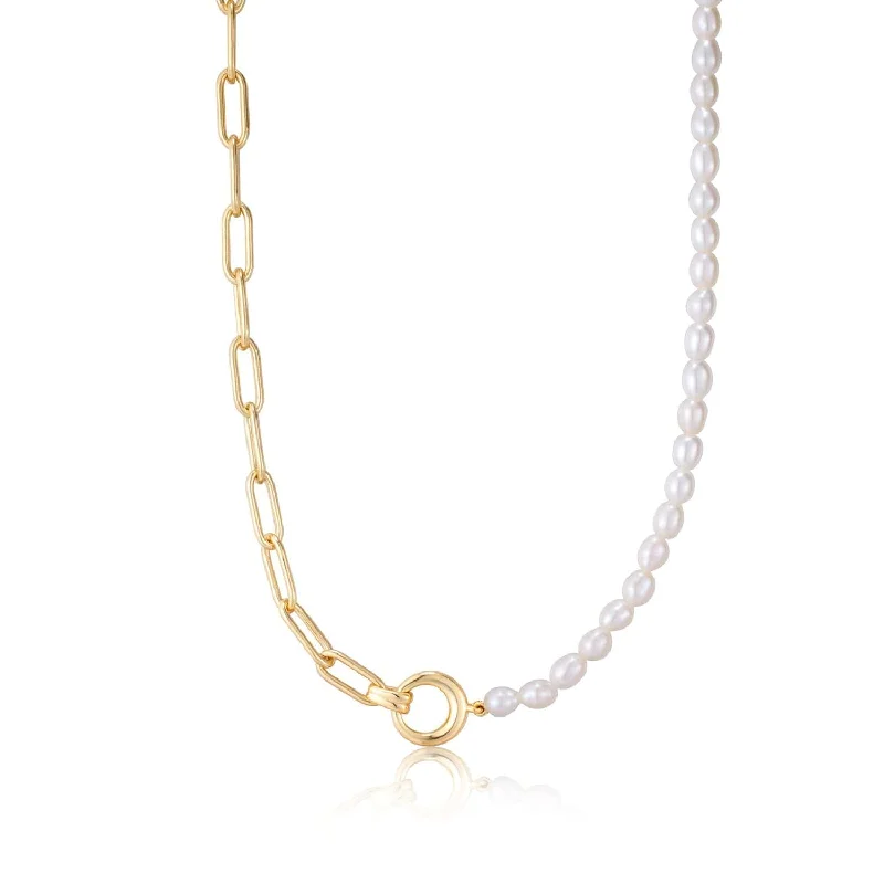 women's necklaces with bold design -Gold Pearl Chunky Link Chain Necklace