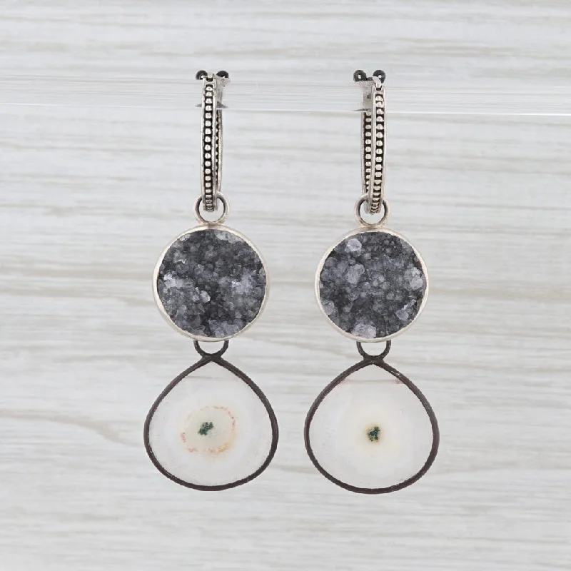 women's earrings with large hoop -New Nina Nguyen Hoop Charm Drops Earrings Sterling Silver Druzy Quartz Geode