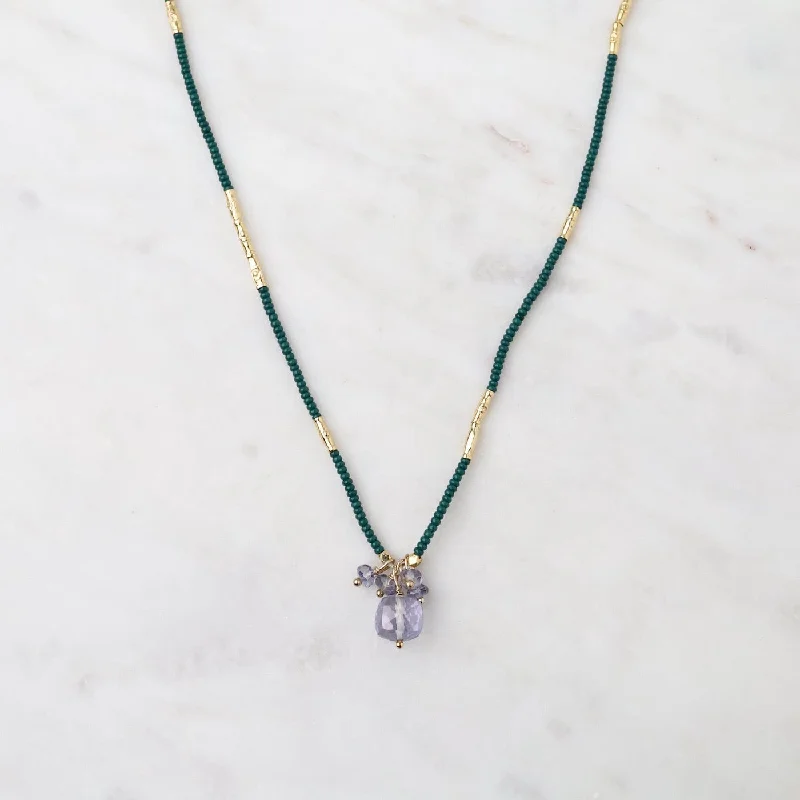 women's necklaces with statement stone -Dark Green Seed & Mystic Quartz Bead Necklace