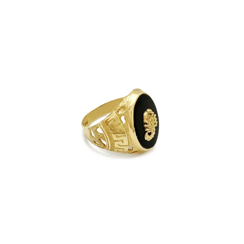 women's rings with engraved band -Greek-Key Scorpion Black Onyx Ring (14K)