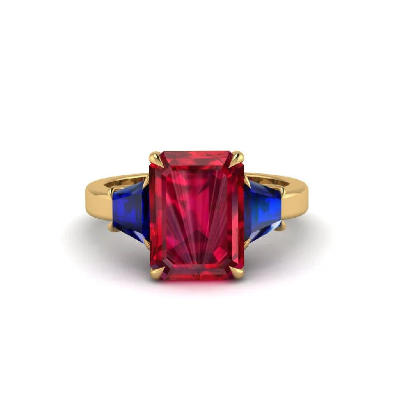 women's engagement rings with rose gold diamond -Ruby Emerald Cut Three Stone Ring With Custom Baguette - Yvette No. 70