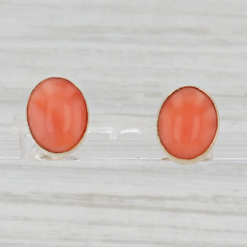 women's earrings with teardrop design -Oval Coral Cabochon Stud Earrings 18k Yellow Gold