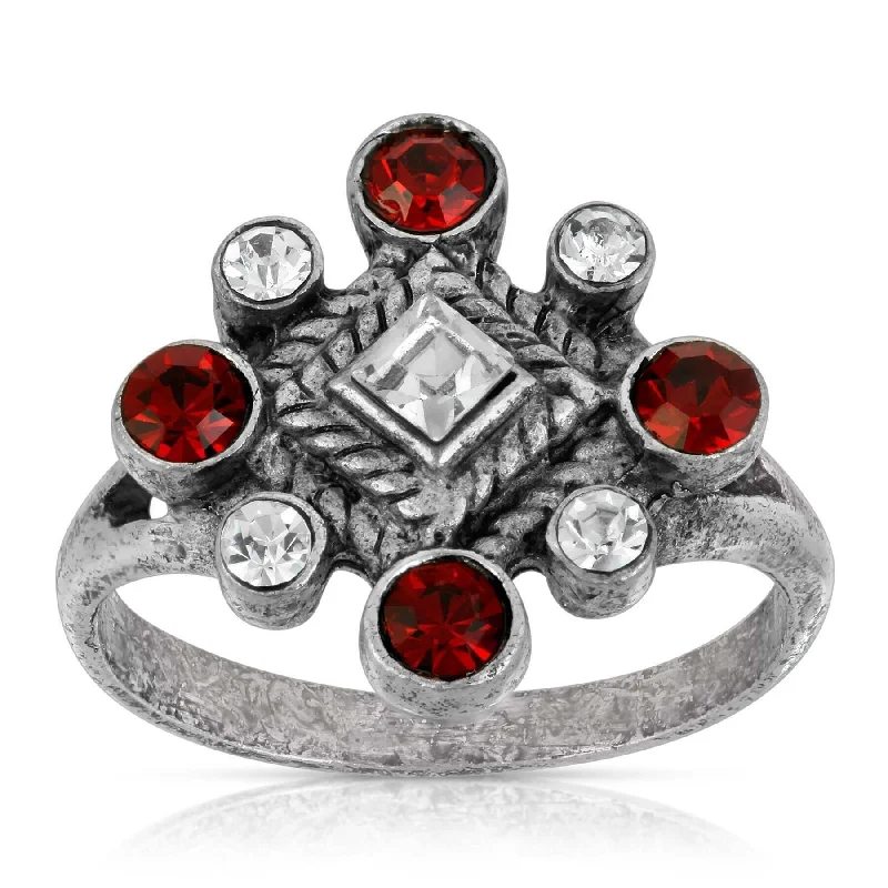 women's engagement rings with cushion cut -1928 Jewelry Pewter Red & Crystal Diamond Shaped Ring Size 7