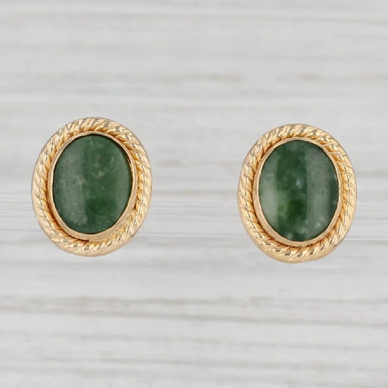 women's earrings with oval design -Oval Green Nephrite Jade Stud Earrings 14k Yellow Gold Solitaire Studs