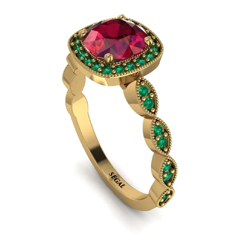 women's engagement rings with vintage diamond -Vintage Inspired Ruby Halo Ring - Frances No. 25