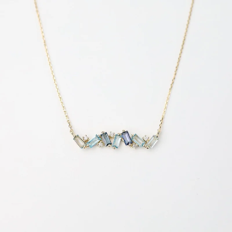 women's necklaces with simple heart pendant -Yellow Gold Frenesia Mixed Blue Topaz Bar Necklace