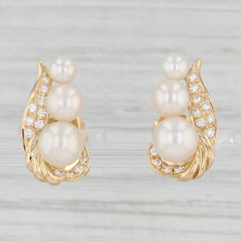 women's earrings with drop and hook -Cultured Pearl Diamond Earrings 18k Yellow Gold Pierced Drops