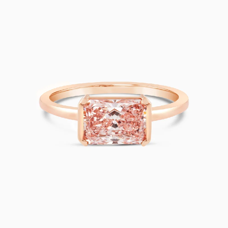 women's engagement rings with large center stone -Pink Diamond East West Half Bezel Ring