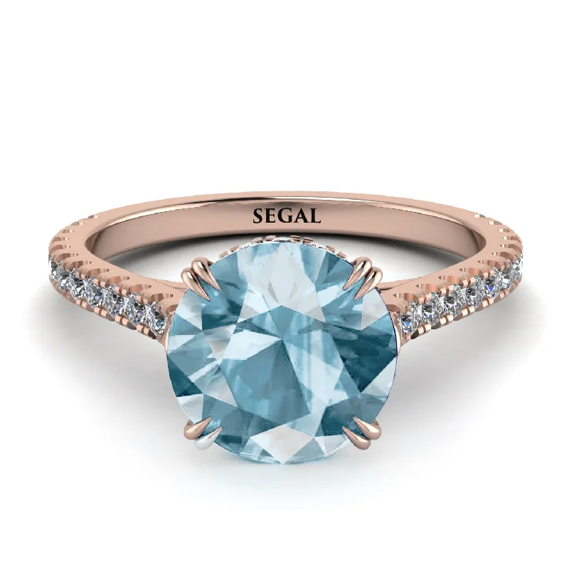 women's engagement rings with yellow gold -Hidden Diamond Double Cat Claw Prongs Aquamarine Ring - Hazel No. 402