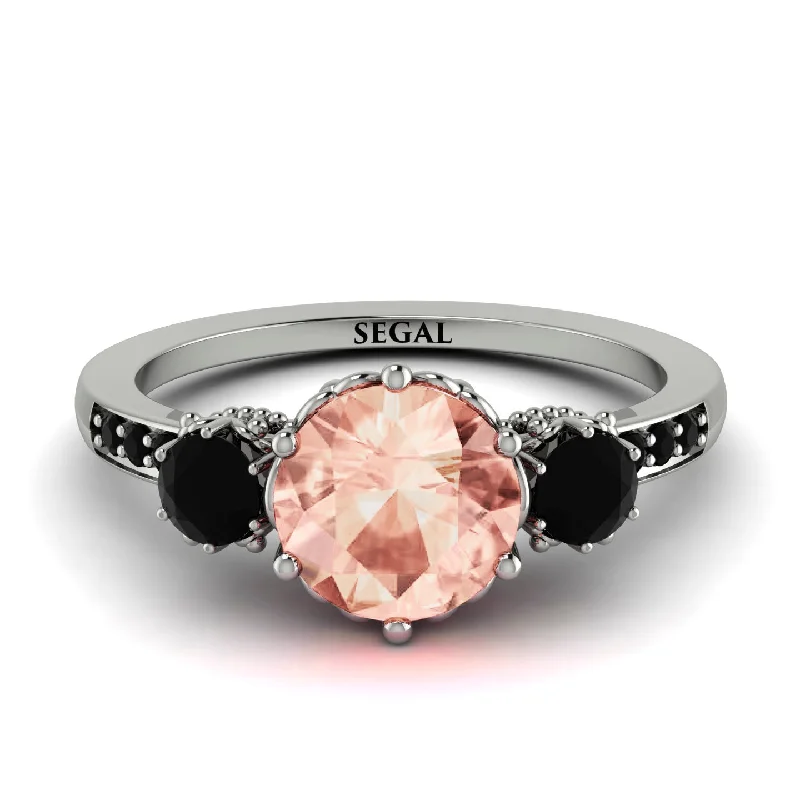 women's engagement rings with black diamond -Vintage 3 Stones Morganite Ring With Micro Pave - Luna No. 909