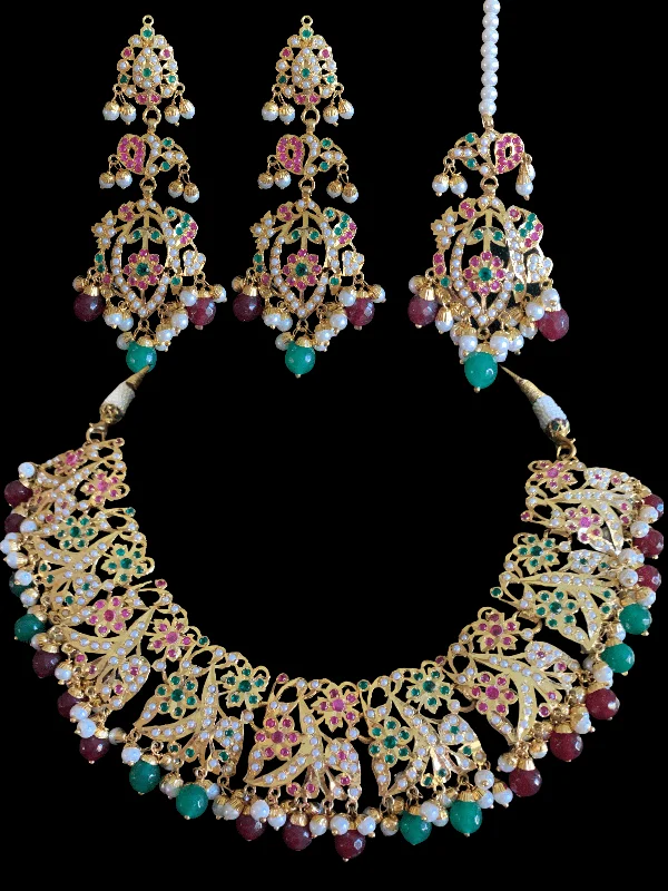 women's necklaces with ruby -BR75  Nayaab pearl jadau necklace - ruby emerald  ( READY TO SHIP)