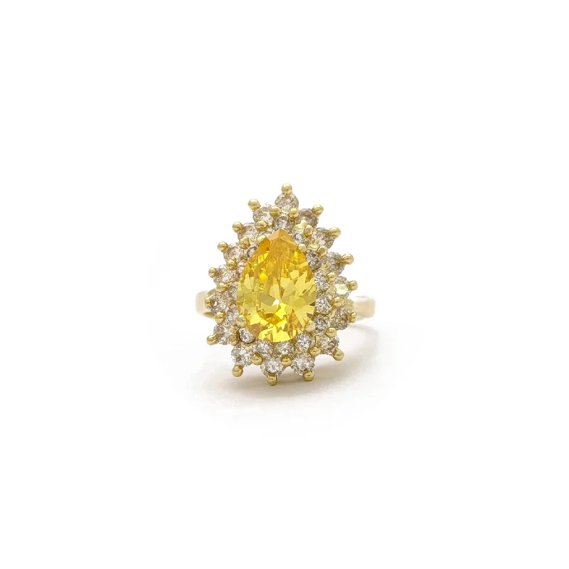 women's rings with pave diamonds -Yellow Teardrop CZ Double Halo Ring (14K)