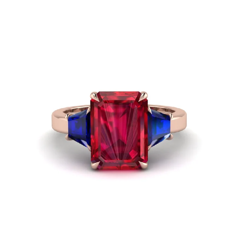 women's engagement rings with black gold band -Ruby Emerald Cut Three Stone Ring With Custom Baguette - Yvette No. 71