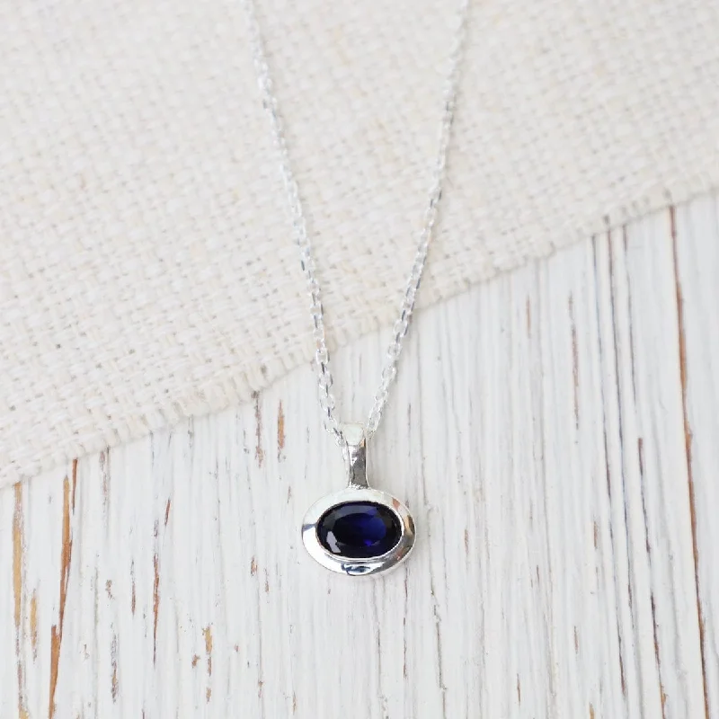 women's necklaces with personalized name -Bezel Set Oval Synthetic Sapphire Pendant Necklace