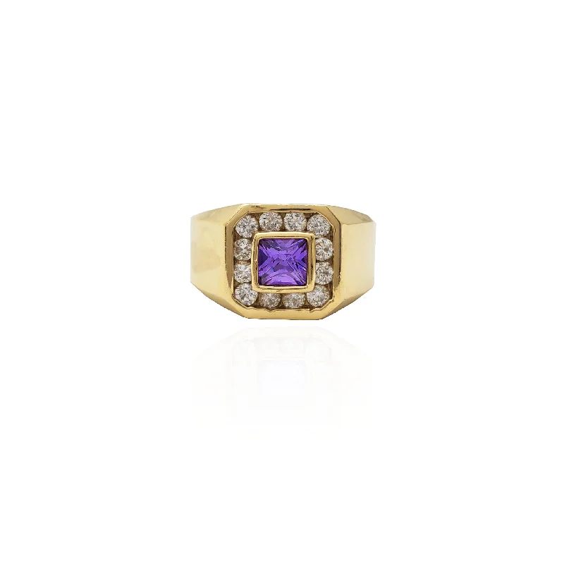 women's rings with bold gemstone center -Bezel Set Square Purple Stone Halo CZ Ring (14K).