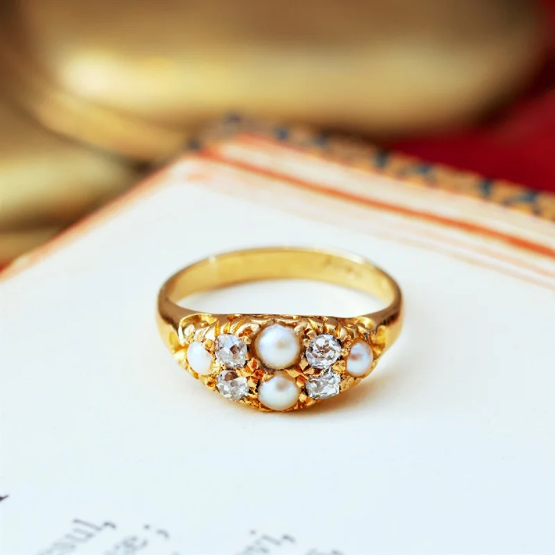 women's engagement rings with side stones -Antique Victorian 18ct Gold Diamond & Pearl Ring