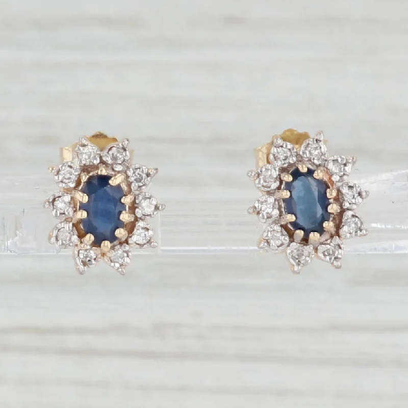 women's earrings with stud design -0.75ctw Blue Sapphire Diamond Halo Stud Earrings 14k Yellow Gold