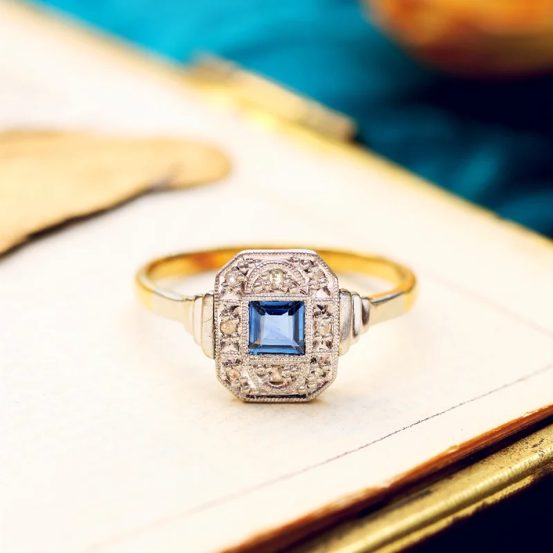 women's engagement rings with mixed metals -Pristine Art Deco Sapphire & Diamond Cluster Ring