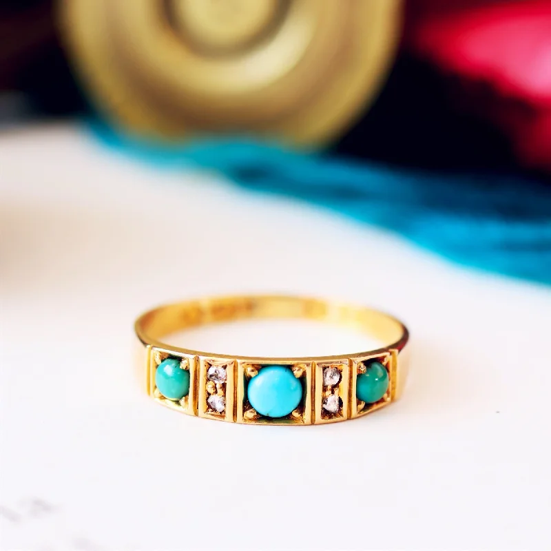 women's engagement rings with black gold band -Antique Date 1920 Turquoise & Diamond Gold Ring