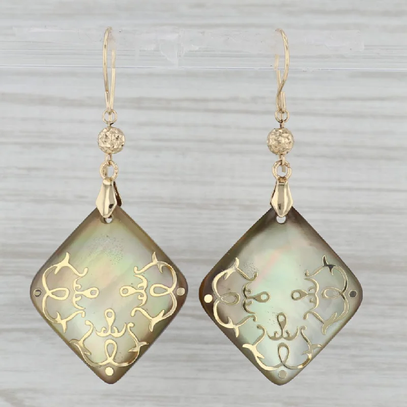 women's earrings with chic design -Ornate Mother of Pearl Dangle Earrings 14k Yellow Gold Hook Posts