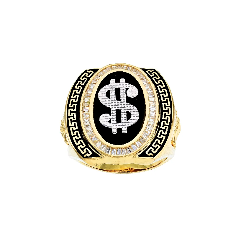 women's rings with side stones -Greek-Key Channel Setting Dollar Sign Black Onyx Ring (14K)