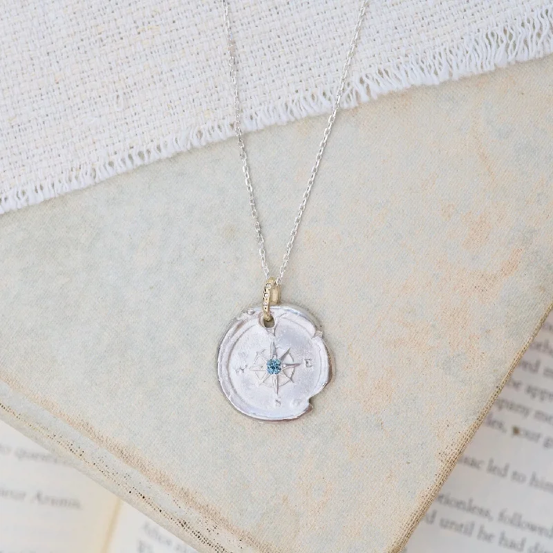 women's necklaces with polished gold pendant -Sterling Silver & 14k Gold Compass Necklace with Montana Sapphire